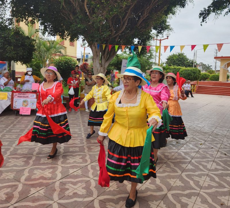 seniors holding handkerchiefs of different colours and wearing straw hats dance under a tree in the town square